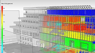 Grafik, Computer-Visualisierung der Simulation des CO2-Gehalts der Gebäudezonen und Innenräume.
