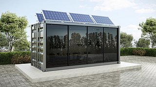 Foto, Visualisierung eines zum Wohnhaus umgebauten Containers mit einer Solaranlage auf dem Dach.