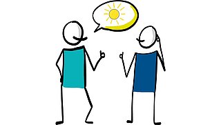 Grafik, Zeichnung von zwei Personen, die nebeneinander stehen und sich unterhalten. Bei einer Person Sprechblase über dem Kopf zu sehen, in der eine gezeichnete Sonne zu sehen ist.