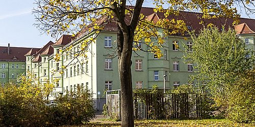 Foto, Außenfassade eines Mehrfamilienhauses, im Vordergrund befindet sich ein Baum mit Herbstlaub.