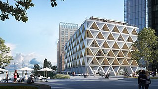 Grafik, Simulation eines modernen, quadratischen Gebäudes mit Fassade aus geometrischen Elementen. 