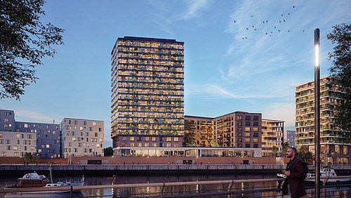 Foto, Moderne Wohngebäude am Wasser mit mehreren Stockwerken und beleuchteten Fenstern bei Abenddämmerung, Boote auf dem Fluss, Laterne und Bäume am Ufer