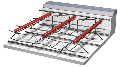 Grafik, Schnitt durch eine Betondecke mit Betonkerntemperierung.