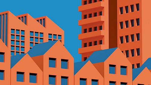 Grafik, mehrere stilisierte Gebäude mit Satteldächern und einem Hochhaus im Hintergrund vor blauem Himmel.