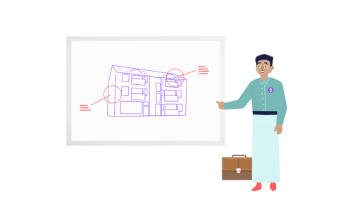 Grafik, Person mit Aktenkoffer zeigt auf eine Tafel mit schematischer Gebäudezeichnung und Markierungen