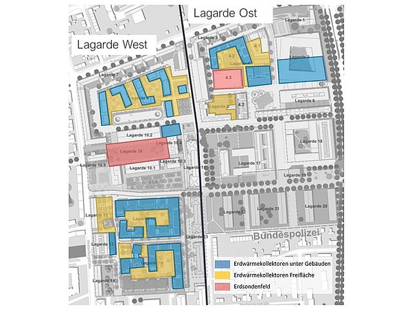 Grafik, Stadtplan mit farblich markierten Bereichen für Erdwärmekollektoren unter Gebäuden (blau), auf Freiflächen (gelb) und Erdsondenfeld (rot) in Lagarde Ost und West