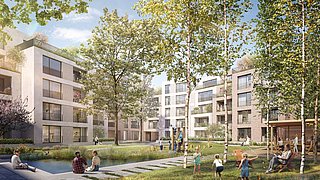 Visualisierung eines Planungsentwurfs: Ein begrünter Innenhof, der von mehrstöckigen Gebäuden umgeben ist.