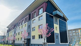 Foto, Mehrstöckiges Wohngebäude mit blauen und gelben Fassadenteilen, Balkonen und blühenden Kirschbäumen davor.