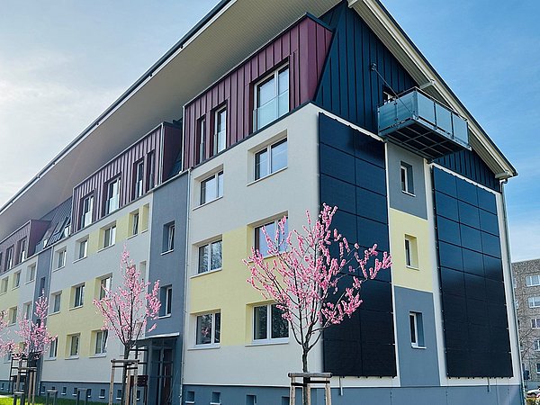 Mehrstöckiges Wohngebäude mit blauen und gelben Fassadenteilen, Balkonen und blühenden Kirschbäumen davor.