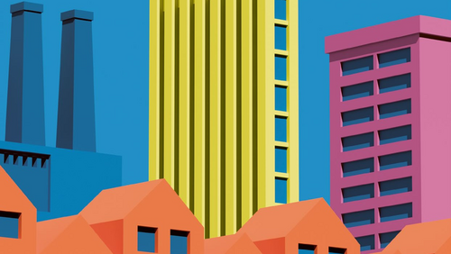 Grafik, Illustration einer Stadt mit verschiedenen Gebäuden, darunter Fabrikschornsteine, ein gelbes Hochhaus und ein rosa Hochhaus vor blauem Himmel