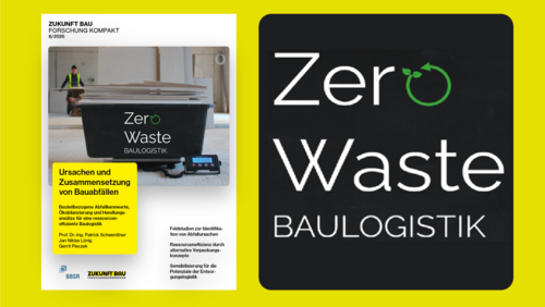 Grafik, Cover eines Berichts mit dem Titel "Zero Waste Baulogistik" und einem Bild von Bauabfällen sowie einer Waage.