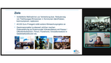 Grafik, Präsentationsfolie mit Zielen zur Reduzierung von Treibhausgas-Emissionen und vier kleinen Fotos von Veranstaltungen und einer Person in einem Videochatfenster.