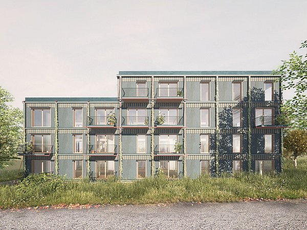 Visualisierung, Mehrstöckiges Wohngebäude mit Laubengängen und begrünten Balkonen in moderner Architektur, umgeben von Wiese und Bäumen