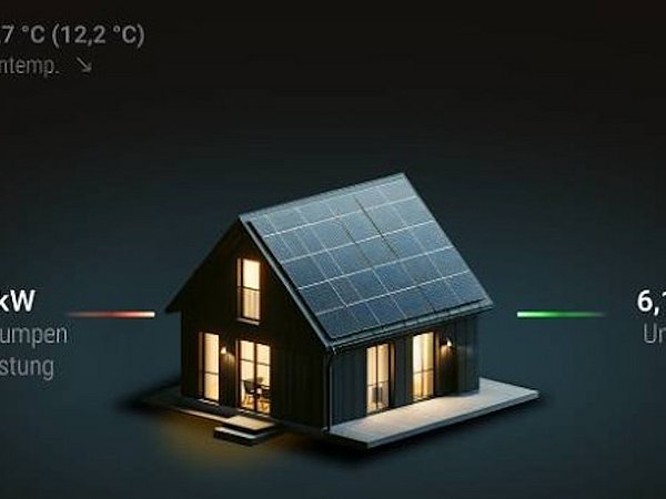 Screenshot, Bedienebene einer Applikation, 3D-Darstellung eines Hauses mit Solarpanelen auf dem Dach und Anzeigen zu Wärmepumpenleistung, Umweltenergie und Heiztemperatur auf dunklem Hintergrund, Vorschaubild