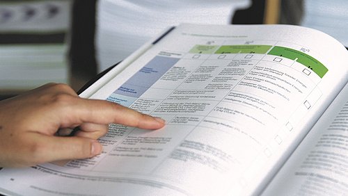 Foto, Hand zeigt auf eine Tabelle mit farblich markierten Spalten in einem aufgeschlagenen Buch oder Magazin.