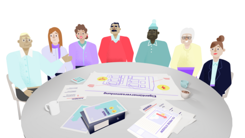 Grafik, sieben Personen sitzen um einen runden Tisch mit Plänen, Ordnern, Dokumenten, Tassen und einem Taschenrechner