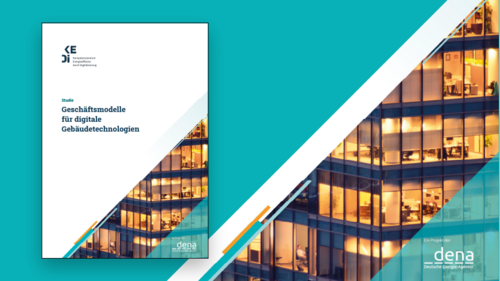 Grafik, Titelbild einer Studie mit dem Titel „Geschäftsmodelle für digitale Gebäudetechnologien“, die ein modernes Bürogebäude in der Abenddämmerung zeigt.