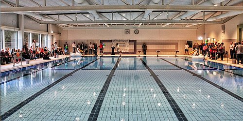 Foto, 25 Meter langes Sport-Schwimmbecken mit sechs Bahnen, Seitentreppeneinstieg und Startblöcken.