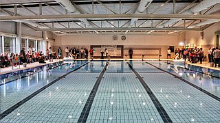Foto, 25 Meter langes Sport-Schwimmbecken mit sechs Bahnen, Seitentreppeneinstieg und Startblöcken.