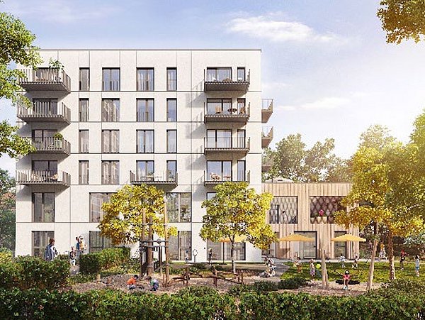 Moderne Wohnanlage von Kita Öhrli mit fünf Stockwerken, Balkonen und Spielplatz im Vordergrund, umgeben von Bäumen und Sträuchern.