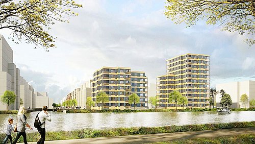 Visualisierung, moderne Wohngebäude entlang einer Uferpromenade, mit Menschen, die spazieren gehen, und Grünflächen, die das Stadtbild bereichern.