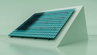 Grafik, Visualisierung einer dachmontierten aufgeständerten Photovoltaik-Anlage.