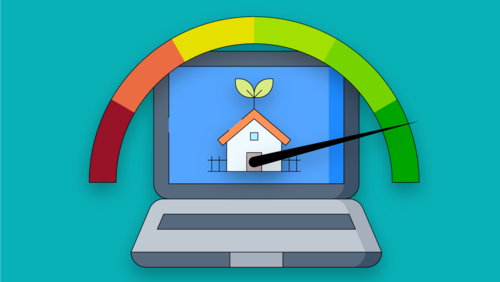 Grafik, ein geöffneter Laptop mit einem Haus und einem Blatt auf dem Bildschirm sowie einem farbigen Halbkreis im Hintergrund, dessen Zeiger im grünen Bereich zeigt.