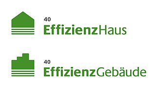 Grafik, Darstellung der Logos des Effizienzhaus 40 sowie des Effizienzgebäude 40.