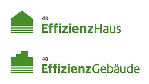 Grafik, Darstellung der Logos des Effizienzhaus 40 sowie des Effizienzgebäude 40.