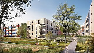 Visualisierung. Moderne Wohngebäude mit Balkonen und begrünten Fassaden, umgeben von Park mit Bäumen und Menschen auf Wegen und Wiesen