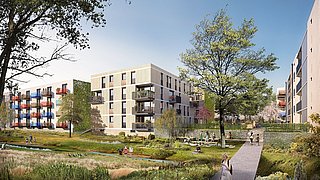 Visualisierung. Moderne Wohngebäude mit Balkonen und begrünten Fassaden, umgeben von Park mit Bäumen und Menschen auf Wegen und Wiesen