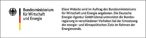 Logo des Bundesministeriums für Wirtschaft und Energie (BMWE) sowie Text "Diese Website wird im Auftrag des Bundesministerium für Wirtschaft und Energie angeboten. Die Deutsche Energie-Agentur GmbH (dena) unterstützt die Bundesregierung in verschiedenen Vorhaben bei der Umsetzung der energie- und klimapolitischen Ziele im Rahmen der Energiewende."