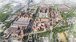 Foto, Luftaufnahme von Siemensstadt mit Industriegebäuden, Wohnblocks und Grünflächen in Berlin