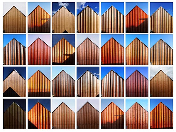 Collage mehrerer Fotos von der selben Holzfassade mit verschiedenen Lichtverhältnissen.