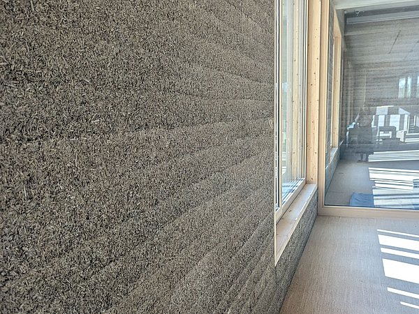 Foto, Nahaufnahme einer Wand mit strukturierter Korkoberfläche neben einem Fenster mit Blick auf einen hellen Raum