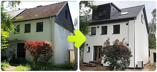 Foto, zwei nebeneinander gezeigte Fotos eines Hauses vor und nach einer Sanierung mit neuem Putz und moderner Fassade.