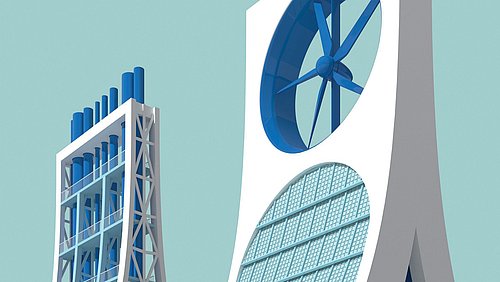 Grafik, zwei moderne Gebäude mit unterschiedlichen architektonischen Stilen. Links ein Gebäude mit blauen Rohren und einem rechteckigen Grundriss, rechts ein Gebäude mit einem großen, runden Fenster und einem großen Ventilator im oberen Bereich.
