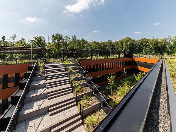 Foto, Blick auf ein modernes, mehrstöckiges Gebäude mit begrüntem Dach und Treppenaufgang, umgeben von Bäumen