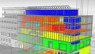 Grafik, Computer-Visualisierung der Simulation des CO2-Gehalts der Gebäudezonen und Innenräume.