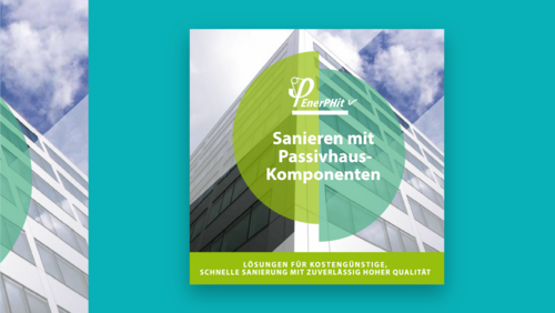 Grafik, Titelbild eines Leitfadens mit dem Titel „Sanieren mit Passivhaus-Komponenten“ mit modernen architektonischen Elementen und leuchtenden Farben.