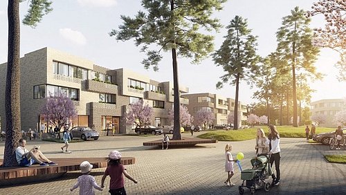 Grafik, Computervisualisierung, im Hintergrund ein mehrstöckiger Neubau eines Wohnhauses, im Vordergrund spielende Kinder sowie eine Frau mit Kinderwagen.