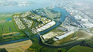 Grafik, Darstellung einer Luftaufnahme eines Gewerbegebiets.