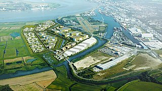 Grafik, Darstellung einer Luftaufnahme eines Gewerbegebiets.