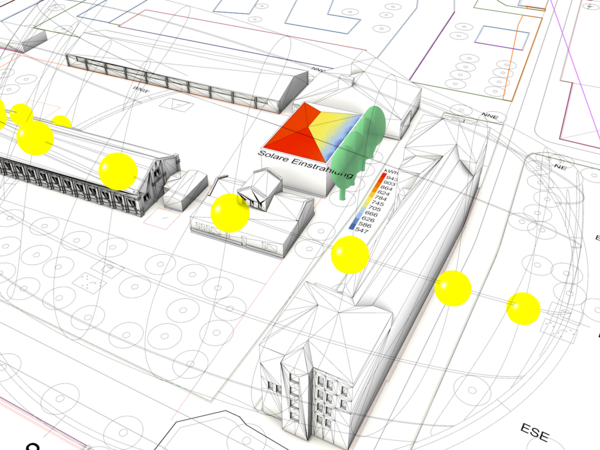 Grafik, 3D-Architekturmodell mit farbiger Photovoltaik-Ertrags-Simulation und gelben Markierungspunkten auf Gebäuden