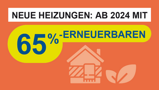Grafik, Symbol eines Hauses mit zwei Pflanzenblättern daneben sowie Text "Neue Heizungen: Ab 2024 mit 65% Erneuerbaren".