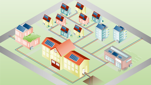 Grafik, isometrische Grafik eines Wohngebiets mit mehreren Häusern und Solarpanelen auf den Dächern, verbunden durch ein Nahwärmenetz.