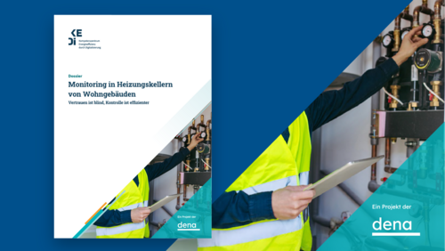 Grafik, ein Dokument mit dem Titel "Monitoring in Heizungsanlagen von Wohngebäuden" und einem Bild von einem Techniker in Warnweste, der eine Heizungsanlage überprüft.