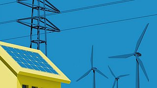Grafik, drei Windräder vor einem Strommast mit Hochspannungsleitungen und einem gelben Gebäude mit Solarpanel auf dem Dach.