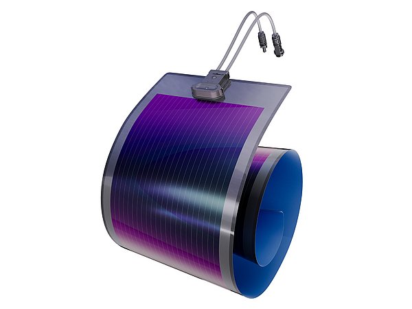 Grafik, Visualisierung einer flexiblen, aufgerollten Solarfolie.