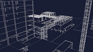 Grafik, computergenerierte 3D-Illustration des Rohbaus eines mehrstöckigen Gebäudes.